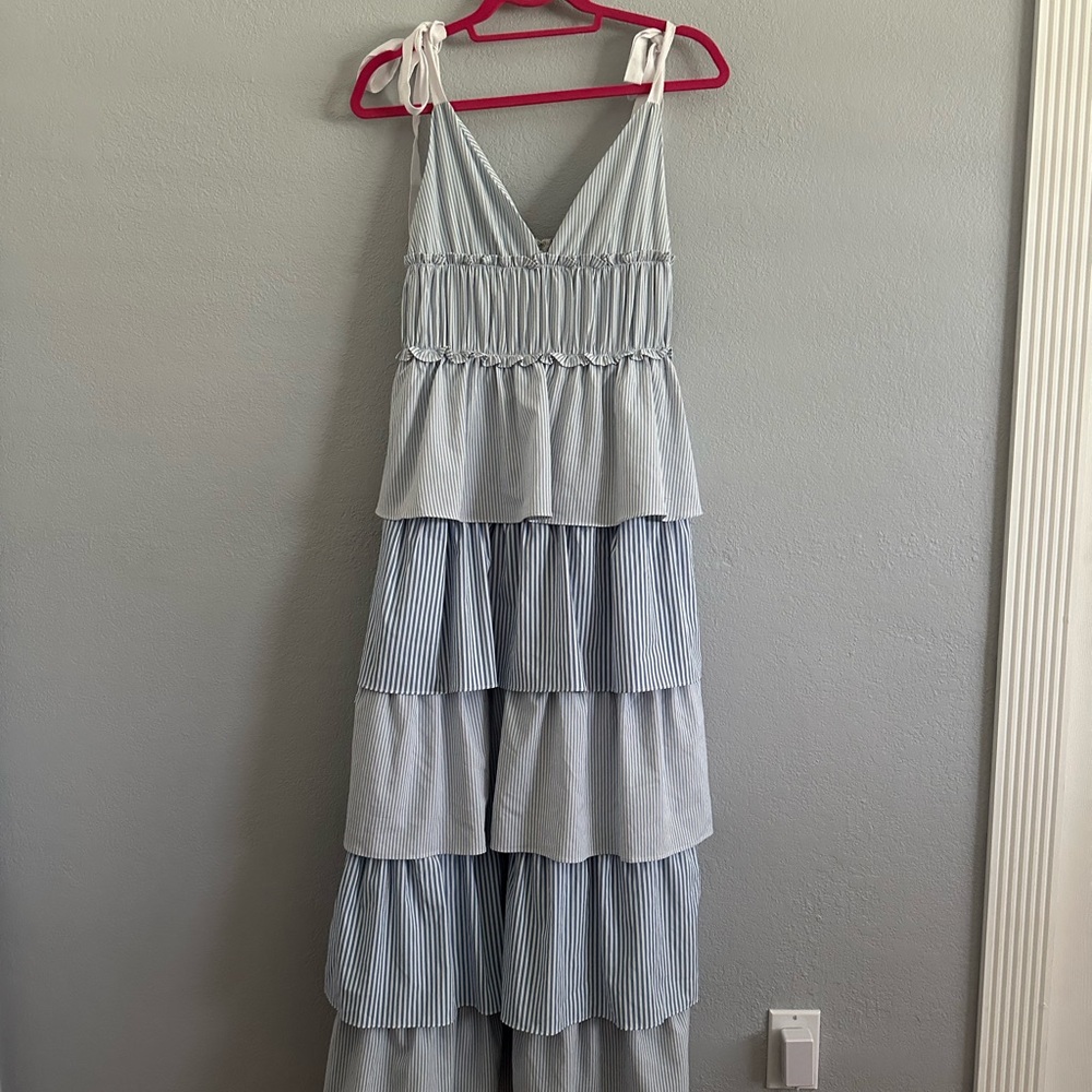 Striped Blue and White Tiered Maxi Dress